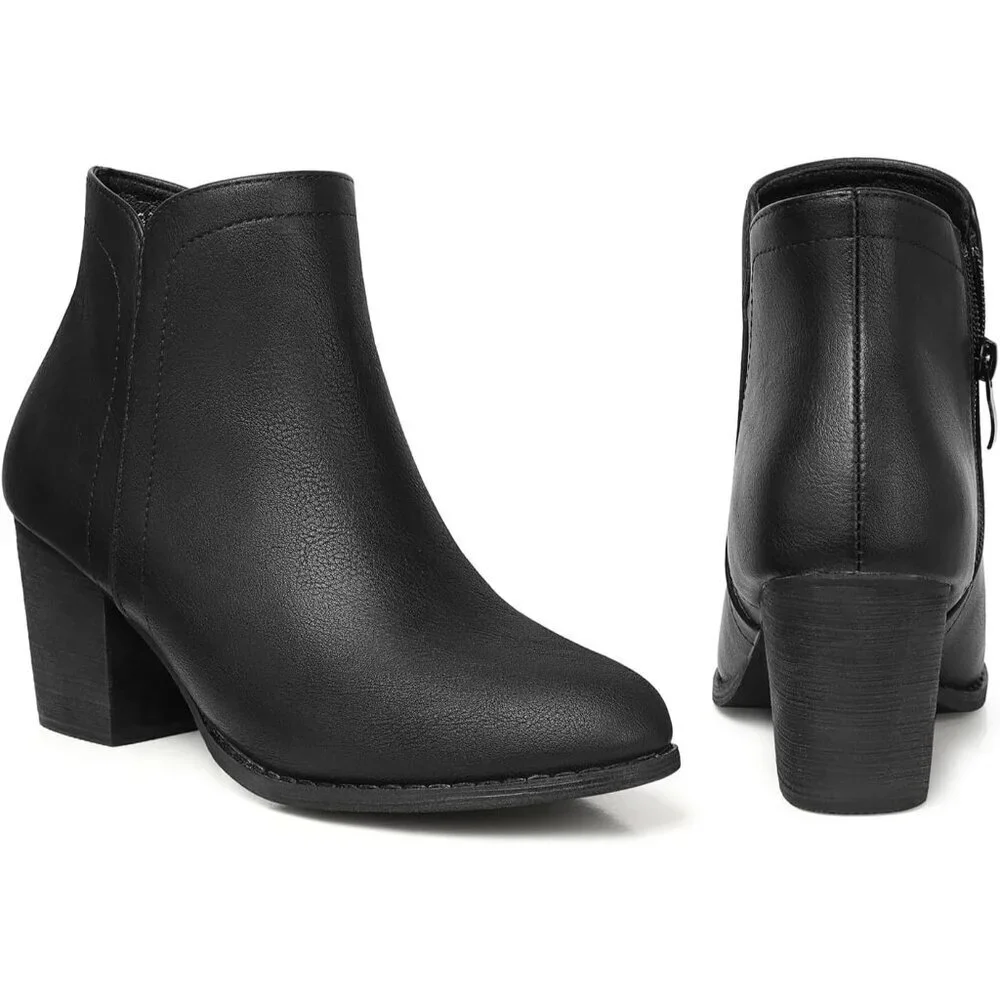 Women's Black Pu Ankle Chunky Heeled Almond Toe Short Zipper Faux Suede Booties